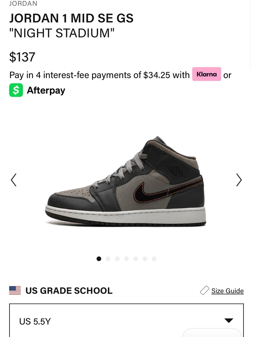 Jordan 1 Mid SE GS Night Stadium - Gray & Black with Orange Stitching